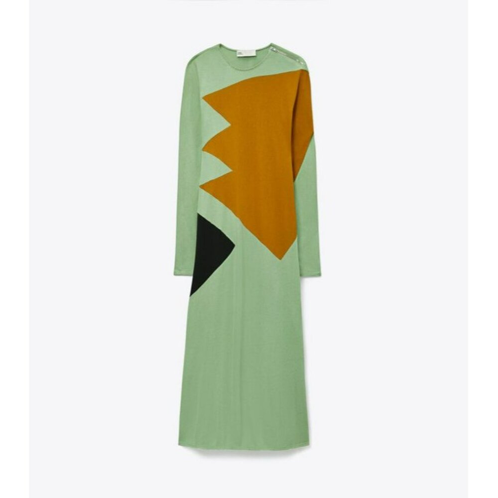 T-175. Tory Burch Color Block Honeycomb Jersey Dress Light Green Viridian - Picture 5 of 13